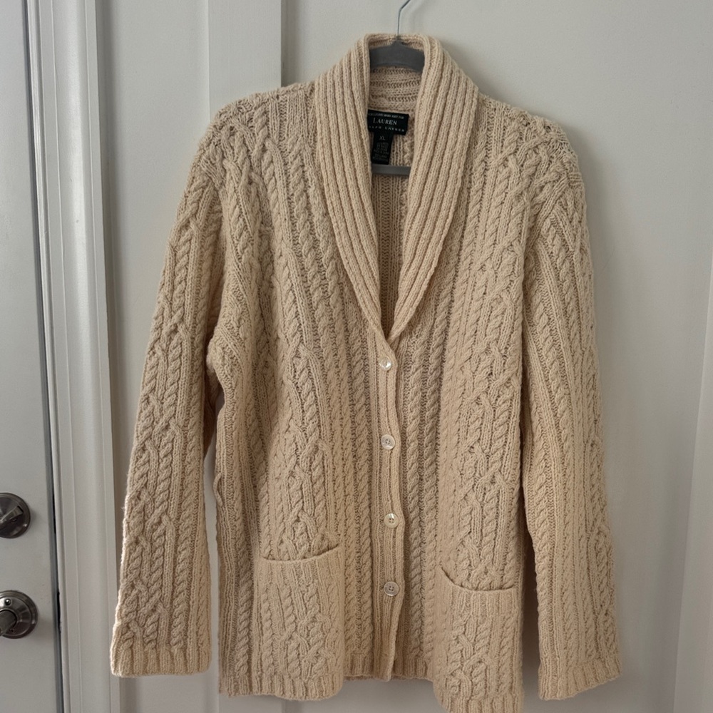 Lauren Ralph Lauren Cream Cable Knit Shawl Collar Cardigan